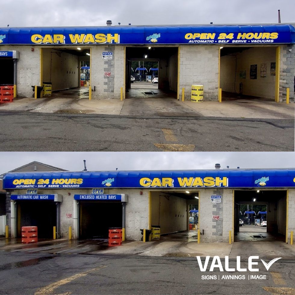 Awning Recovering Project at Splash N Dash Car Wash in Mastic, NY